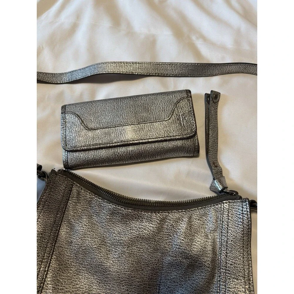 Frye Metallic Leather Crossbody Bag + Matching Wallet Pewter Silver Set